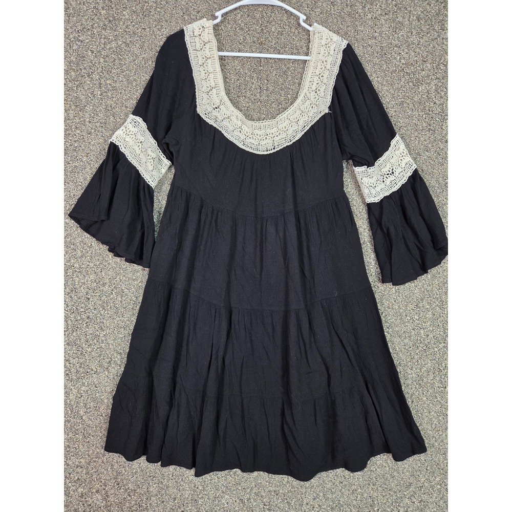 My Story Tiered Mini Dress Womens Small Black Crochet Lace Bell Sleeve Boho - Picture 2 of 16